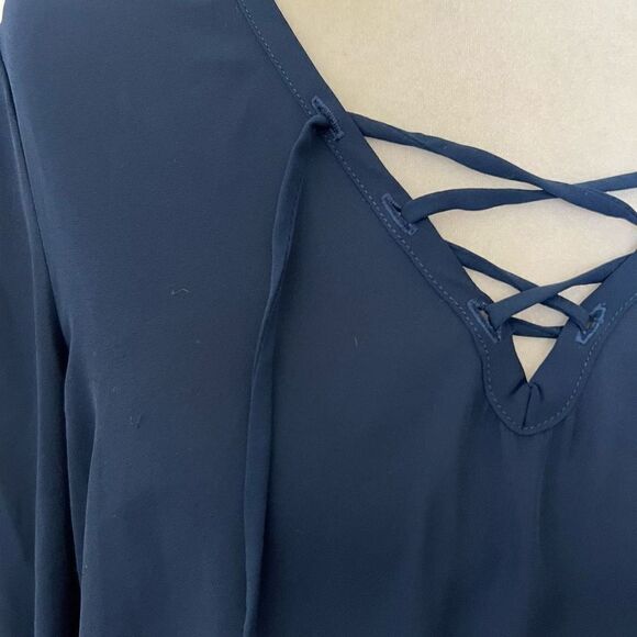 Abbeline navy semi sheer small lace up front blouse - Picture 3 of 5